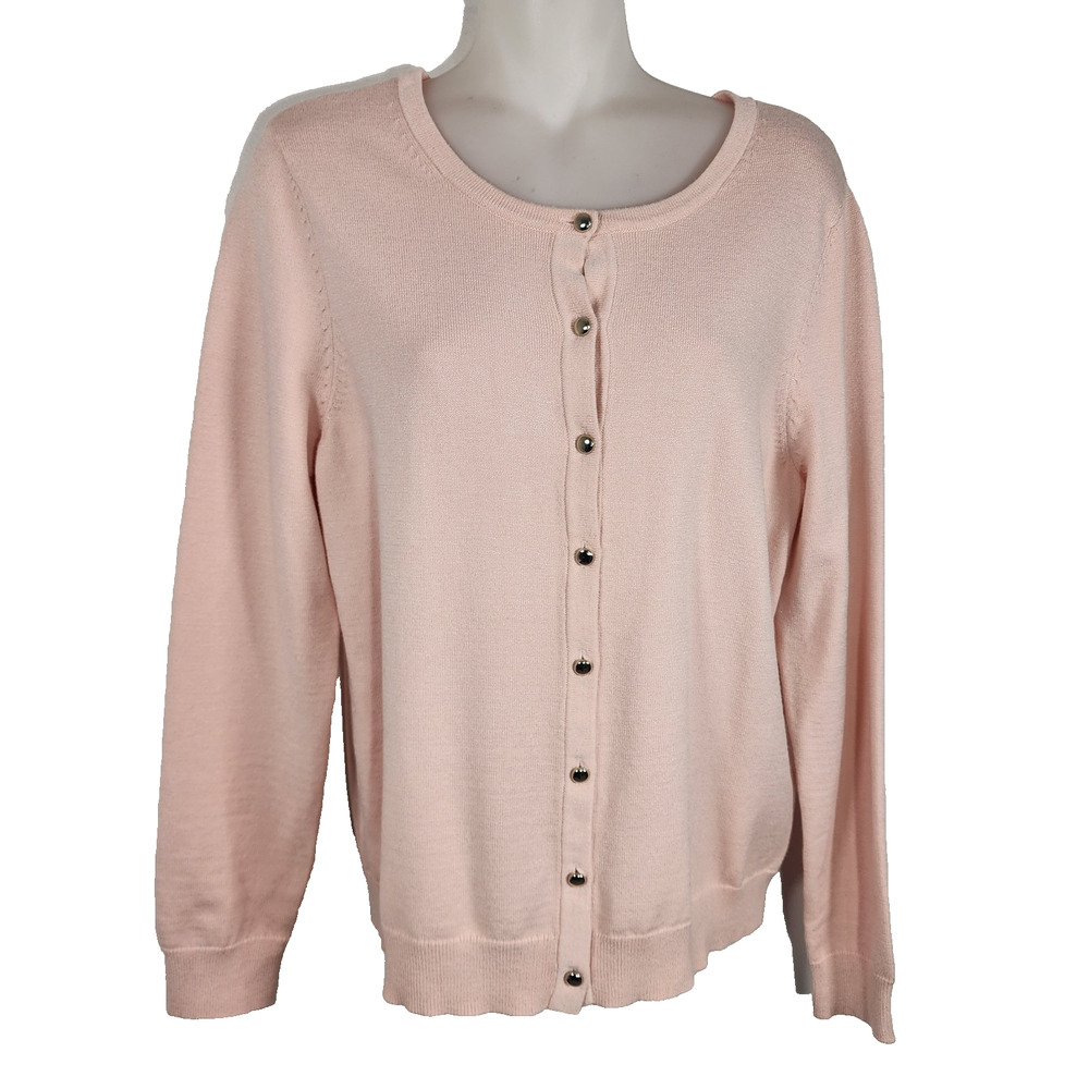 Chico’s Women Crewneck Cardigan Sweater M Button Front Blush Preppy Feminine